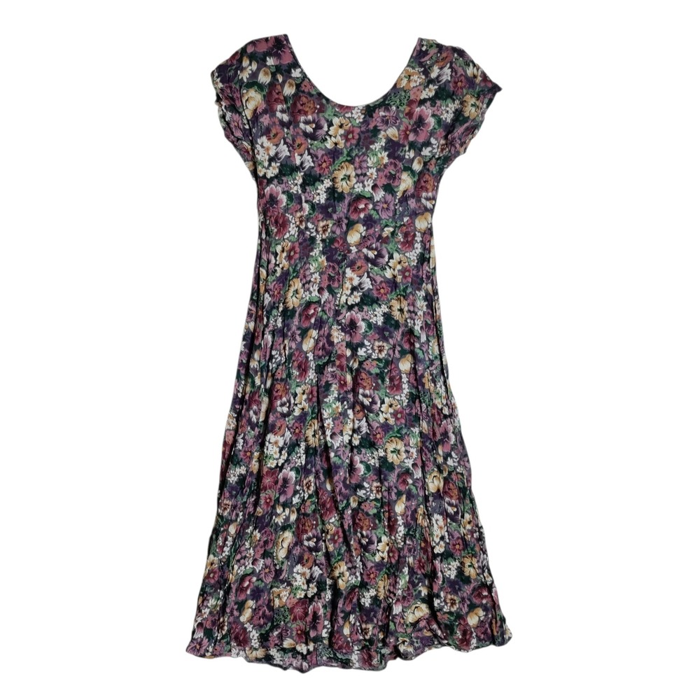 Vintage All That Jazz Floral Midi Dress Purple Cap Sleeve Made in USA Size 11/12